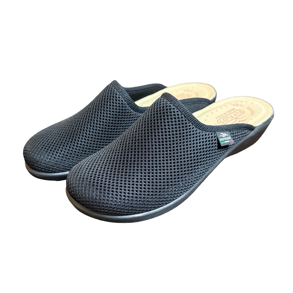 Fly Flot Black Mesh Clogs Womens 39 Made in Italy Anti-Shock Comfort Mules